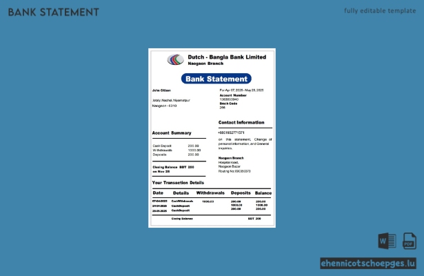 Beispiel für einen Kontoauszug der Bangladesh Dutch Bangla Bank Limited (Vorschau)